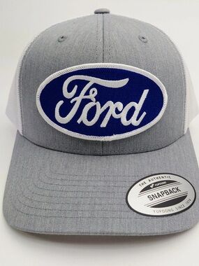 Ford Yupoong Hat Cap Embroidered Blue Patch Mesh Snapback Heather Gray